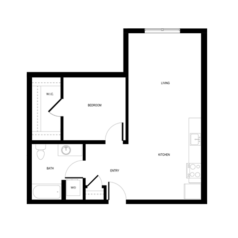 Floor plan for 1 bed, 1 bath, 728 sqft